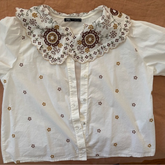 Zara Embroidered Poplin White Blouse with Floral Details size M - Picture 5 of 5